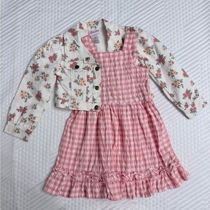 Little Lass Girls 4 Gingham Dress & Floral Denim Jacket Set